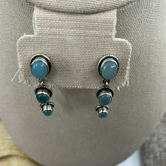 Navajo-Inspired Sterling Silver & Blue Chalcedony Drop Earrings - Picture 2 of 8